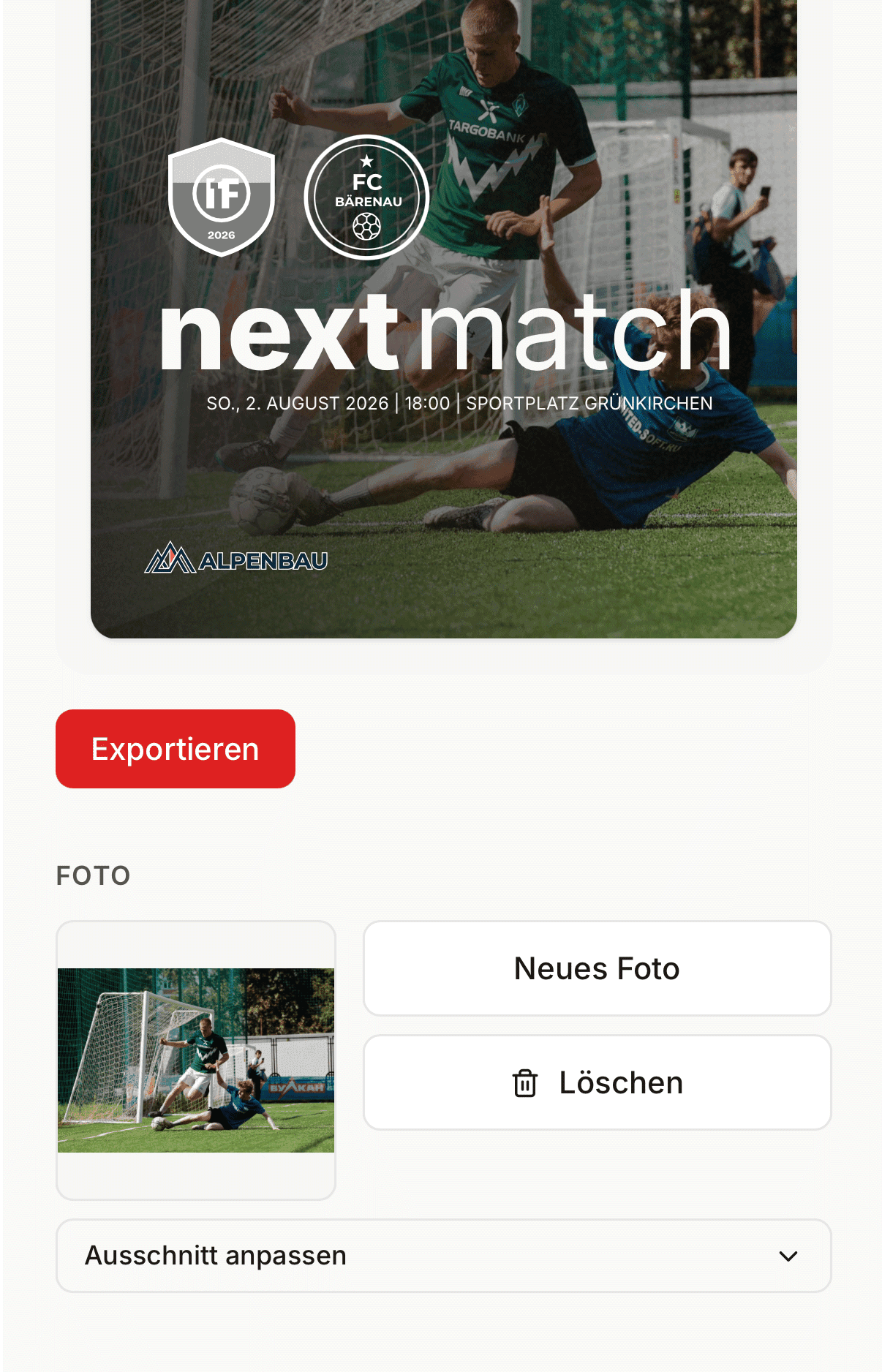 Match-Grafik mit dem eingesetzten eigenen Spielfoto